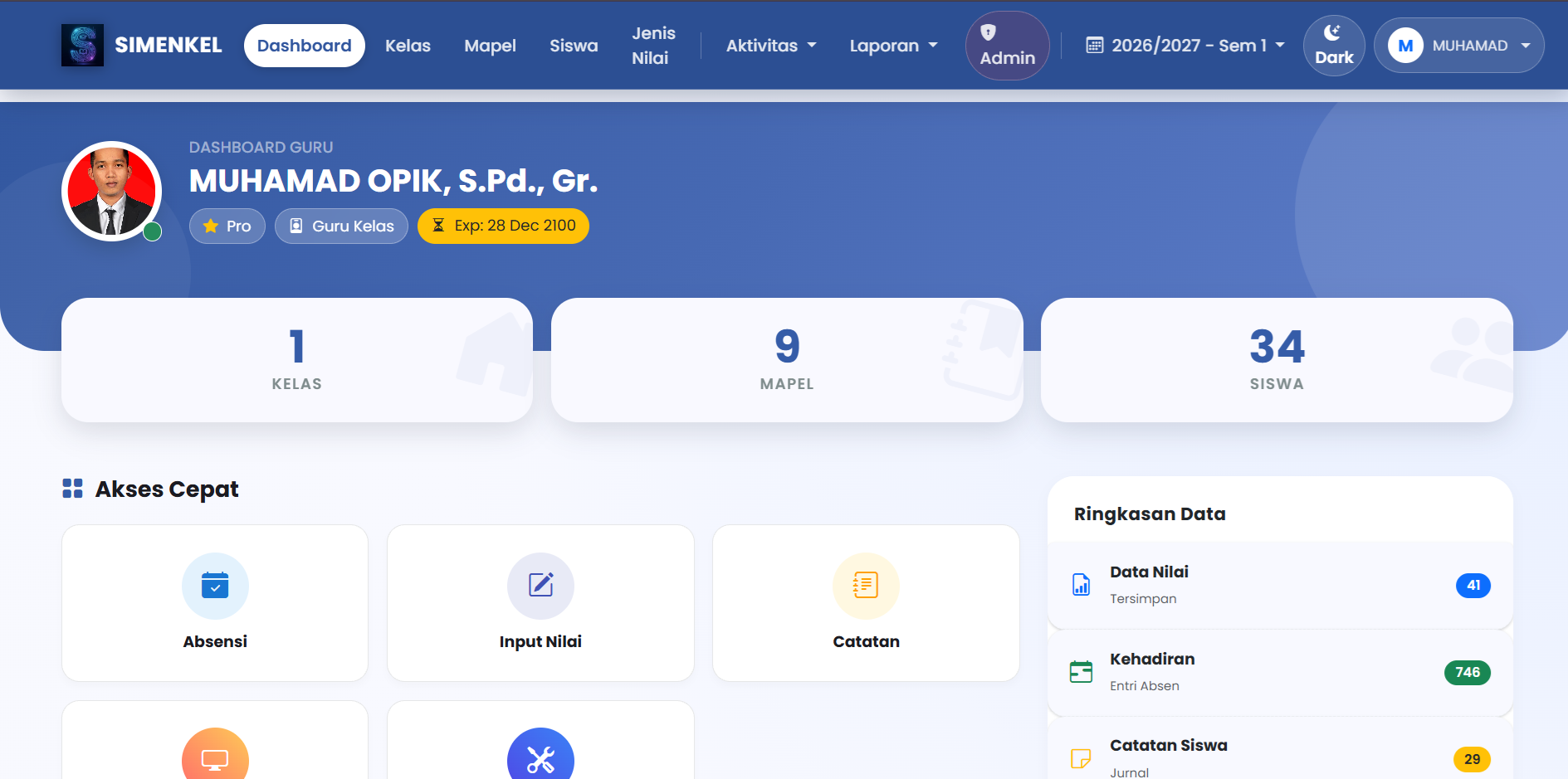 Tampilan Dashboard Simenkel
